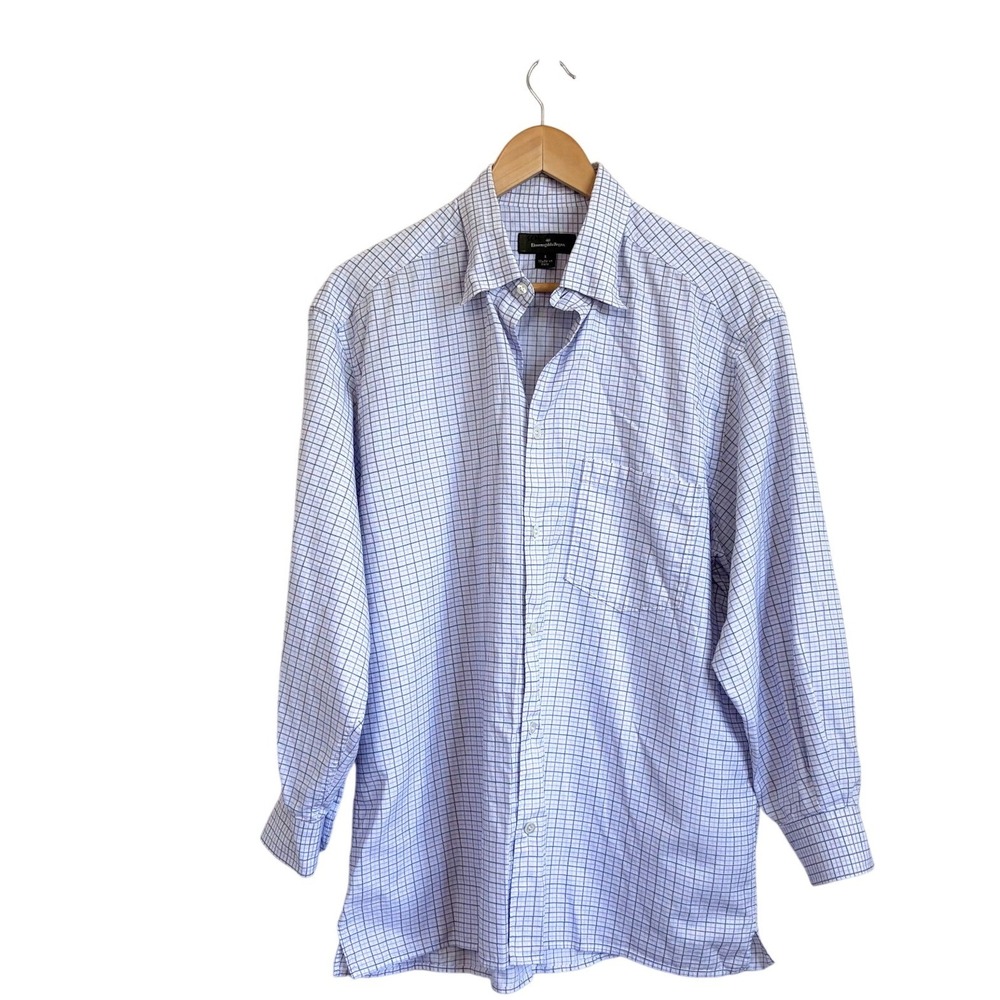 Ermenegildo Zegna Mens Check Button Shirt Size L White Blue Plaid Cotton Luxury
